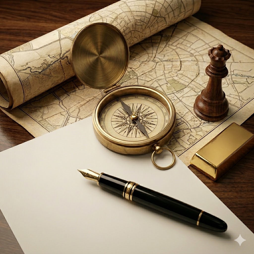Kompass, Karte und Feder als Bild für Strategie und Orientierung